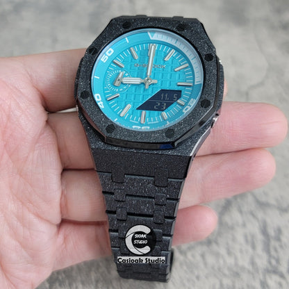 Casioak Mod Watch NEW Frosted Black Case Metal Strap Tiffany Silver Time Mark Tiffany Blue Dial 44mm Sapphire Glass - Casioak Studio