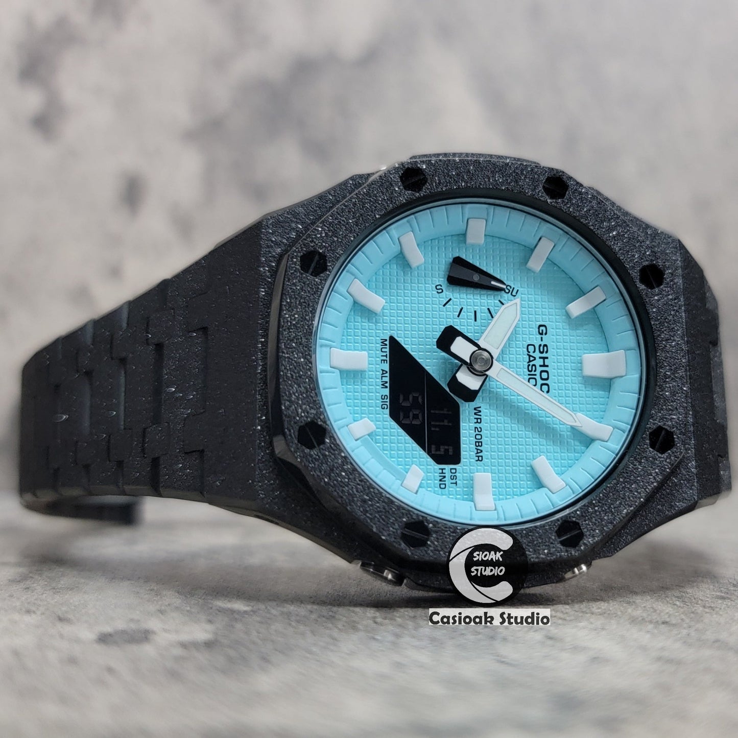 Casioak Mod Watch Frosted Black Case Metal Strap Tiffany White Time Mark Tiffany Blue Dial 44mm - Casioak Studio