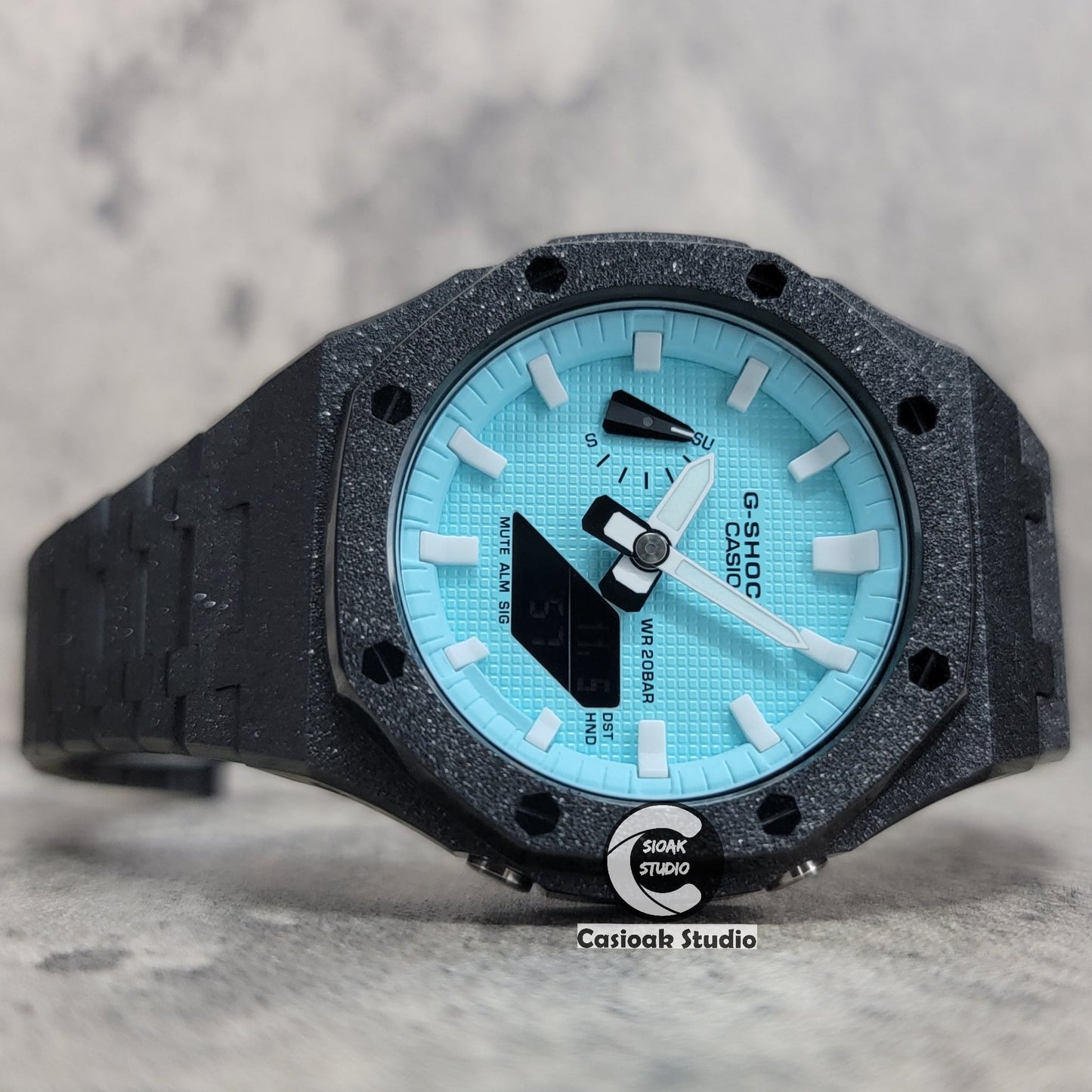 Casioak Mod Watch Frosted Black Case Metal Strap Tiffany White Time Mark Tiffany Blue Dial 44mm - Casioak Studio