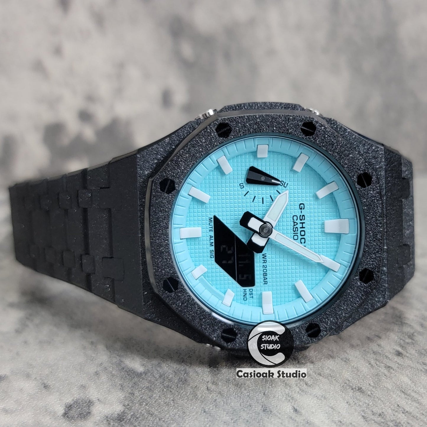 Casioak Mod Watch Frosted Black Case Metal Strap Tiffany White Time Mark Tiffany Blue Dial 44mm - Casioak Studio