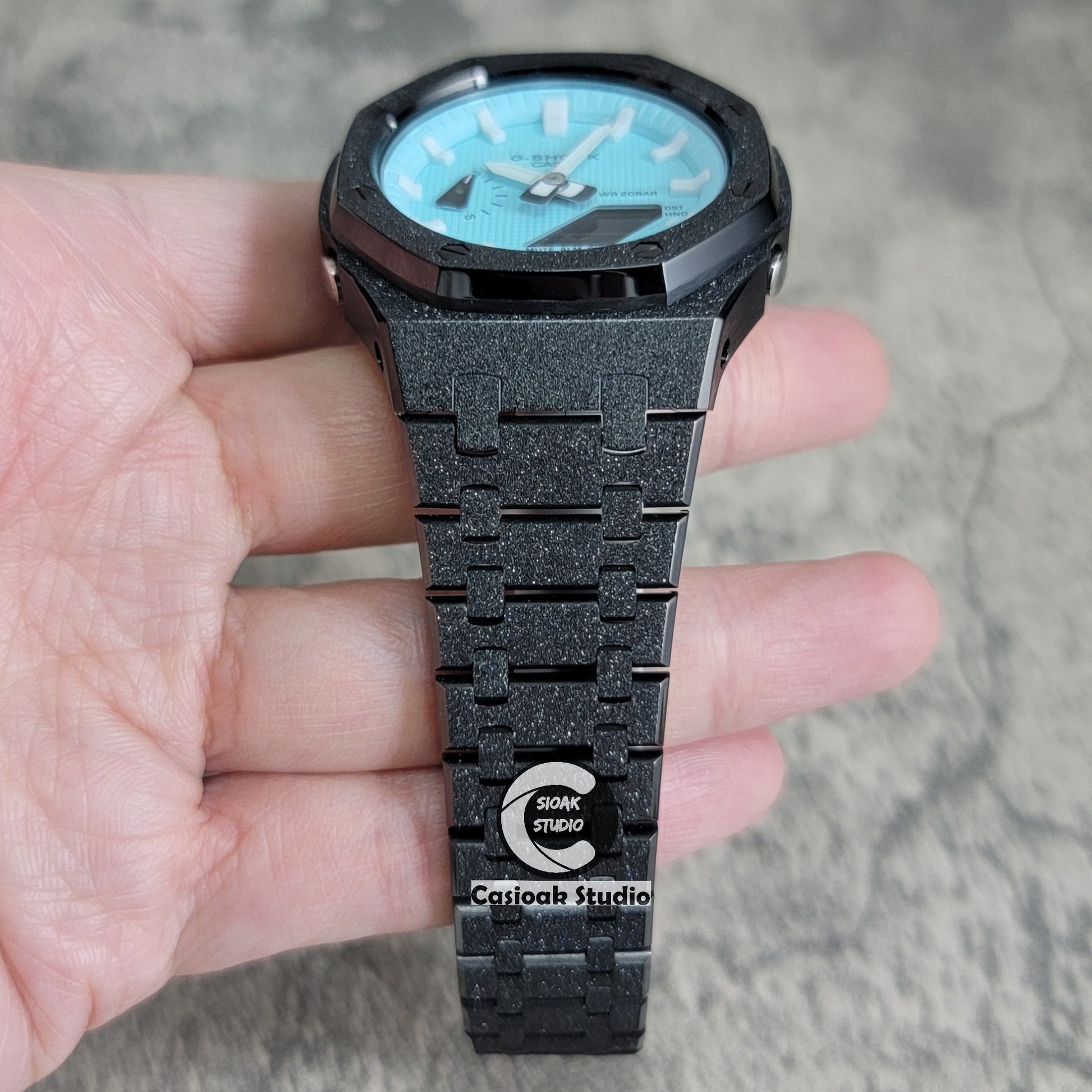Casioak Mod Watch Frosted Black Case Metal Strap Tiffany White Time Mark Tiffany Blue Dial 44mm - Casioak Studio