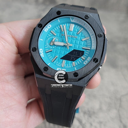 Casioak Mod Watch New Black Case Black Rubber Strap Silver Time Mark Tiffany Blue Dial 44mm Sapphire Glass - Casioak Studio