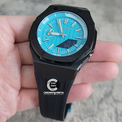 Casioak Mod Watch New Black Case Black Rubber Strap Silver Time Mark Tiffany Blue Dial 44mm Sapphire Glass - Casioak Studio