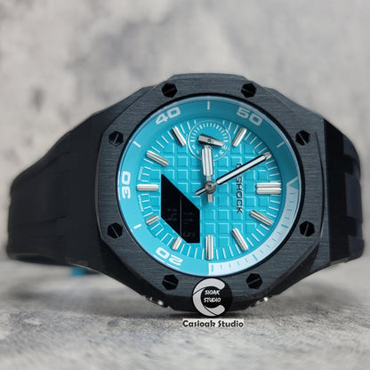 Casioak Mod Watch New Black Case Black Rubber Strap Silver Time Mark Tiffany Blue Dial 44mm Sapphire Glass - Casioak Studio