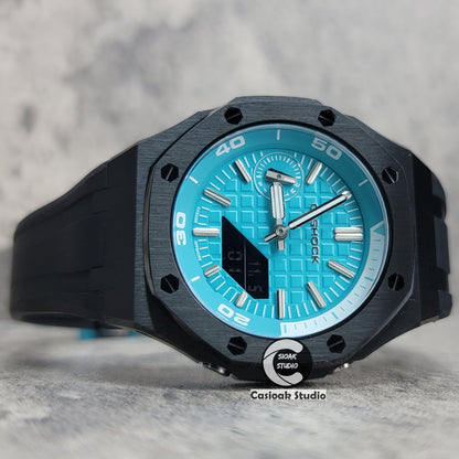 Casioak Mod Watch New Black Case Black Rubber Strap Silver Time Mark Tiffany Blue Dial 44mm Sapphire Glass - Casioak Studio