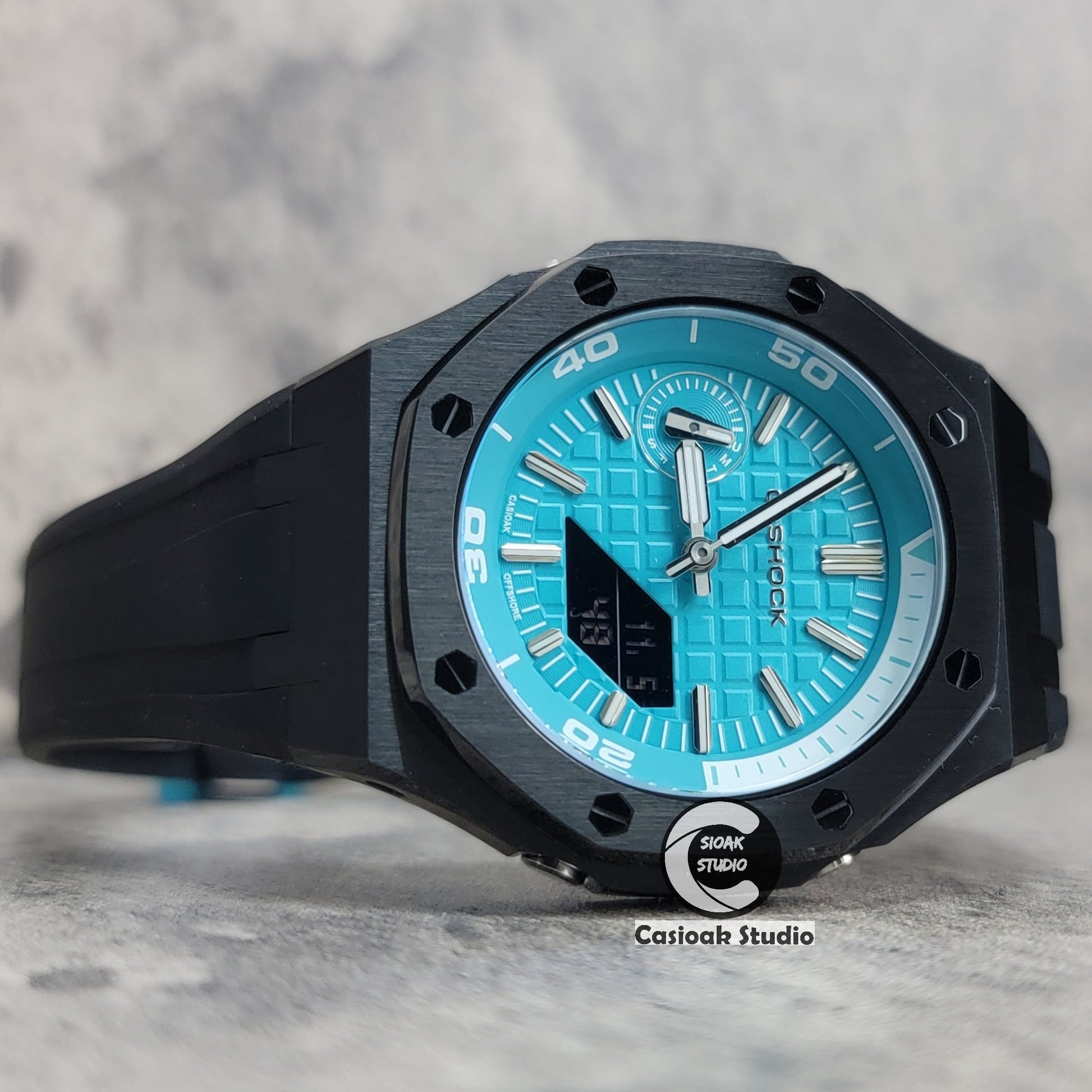 Casioak Mod Watch New Black Case Black Rubber Strap Silver Time Mark Tiffany Blue Dial 44mm Sapphire Glass - Casioak Studio