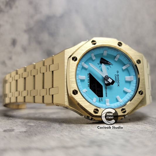 Casioak Mod Watch Gold Case Metal Strap Tiffany Gold Time Mark Tiffany Blue Dial 44mm - Casioak Studio