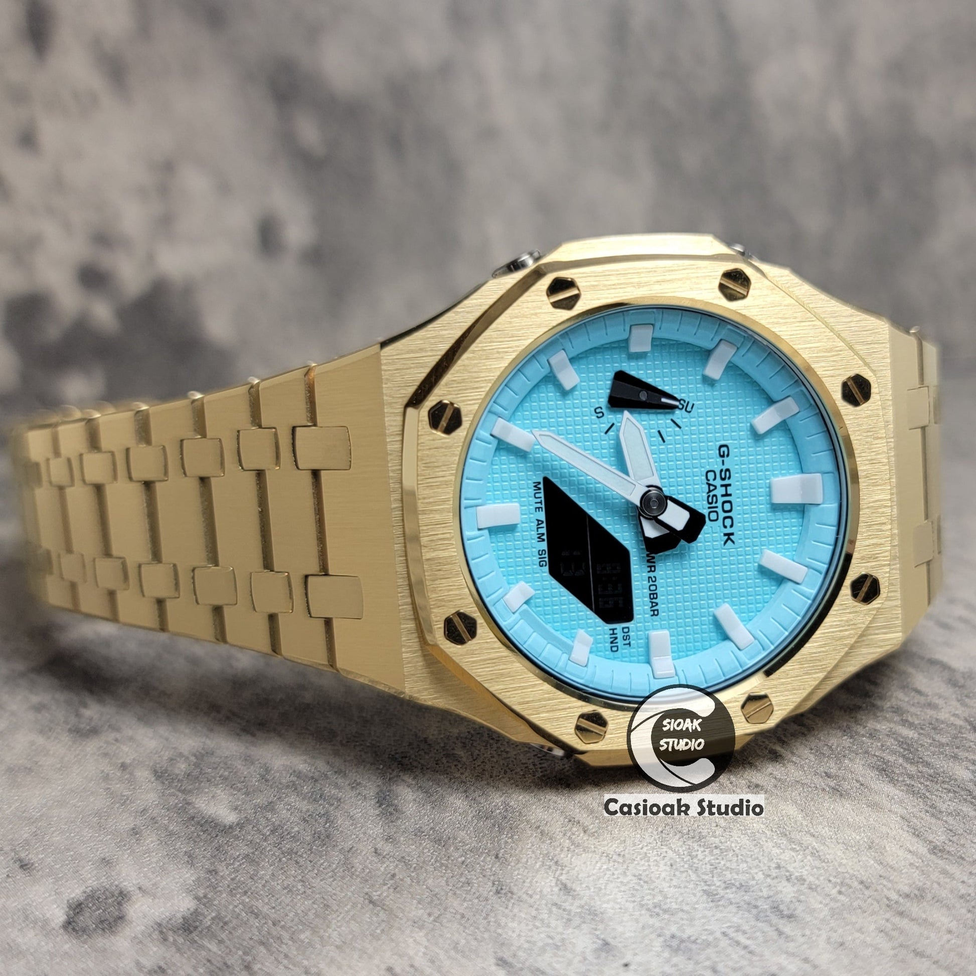 Casioak Mod Watch Gold Case Metal Strap Tiffany Gold Time Mark Tiffany Blue Dial 44mm - Casioak Studio