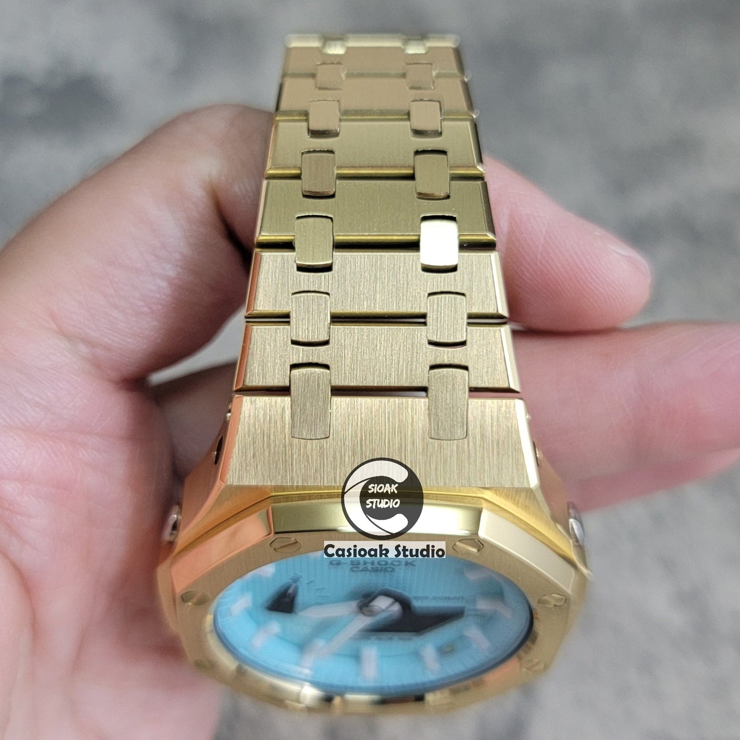 Casioak Mod Watch Gold Case Metal Strap Tiffany Gold Time Mark Tiffany Blue Dial 44mm - Casioak Studio