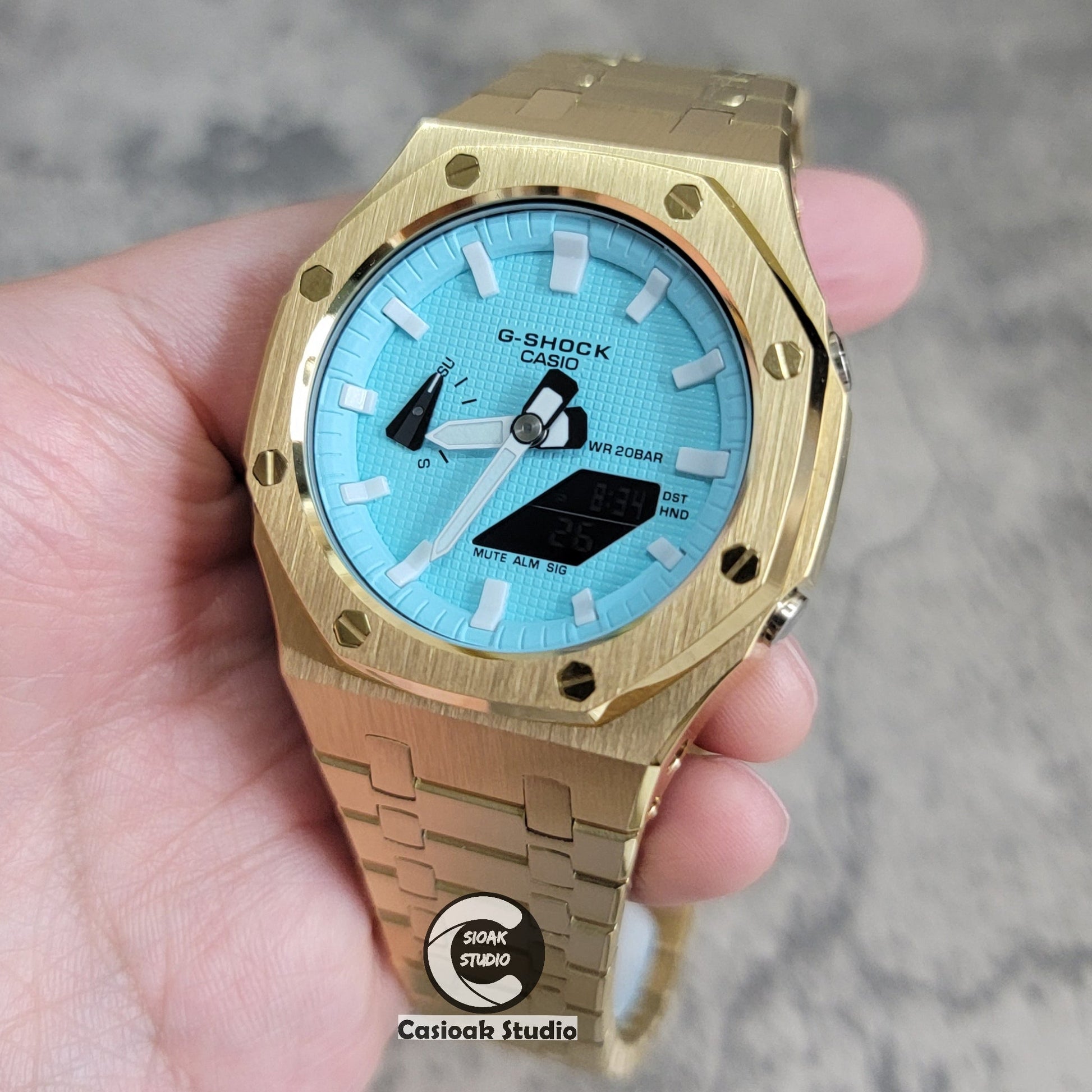 Casioak Mod Watch Gold Case Metal Strap Tiffany Gold Time Mark Tiffany Blue Dial 44mm - Casioak Studio