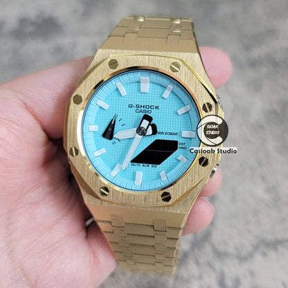 Casioak Mod Watch Gold Case Metal Strap Tiffany Gold Time Mark Tiffany Blue Dial 44mm - Casioak Studio