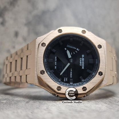 Casioak Mod Watch Rose Gold Case Metal Strap Black Time Mark Black Dial 44mm - Casioak Studio