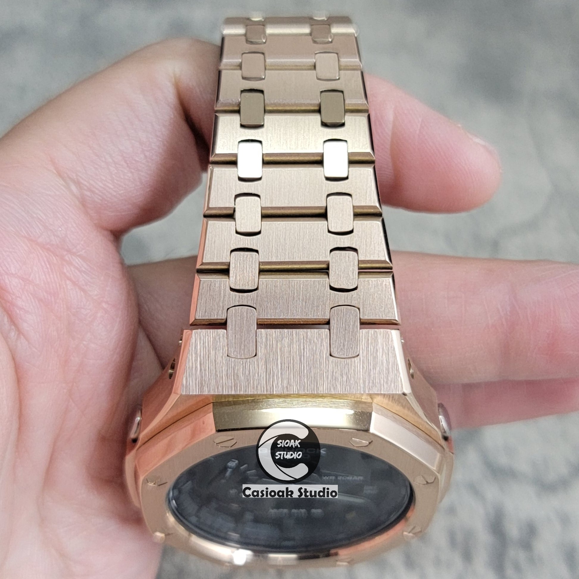 Casioak Mod Watch Rose Gold Case Metal Strap Black Time Mark Black Dial 44mm - Casioak Studio