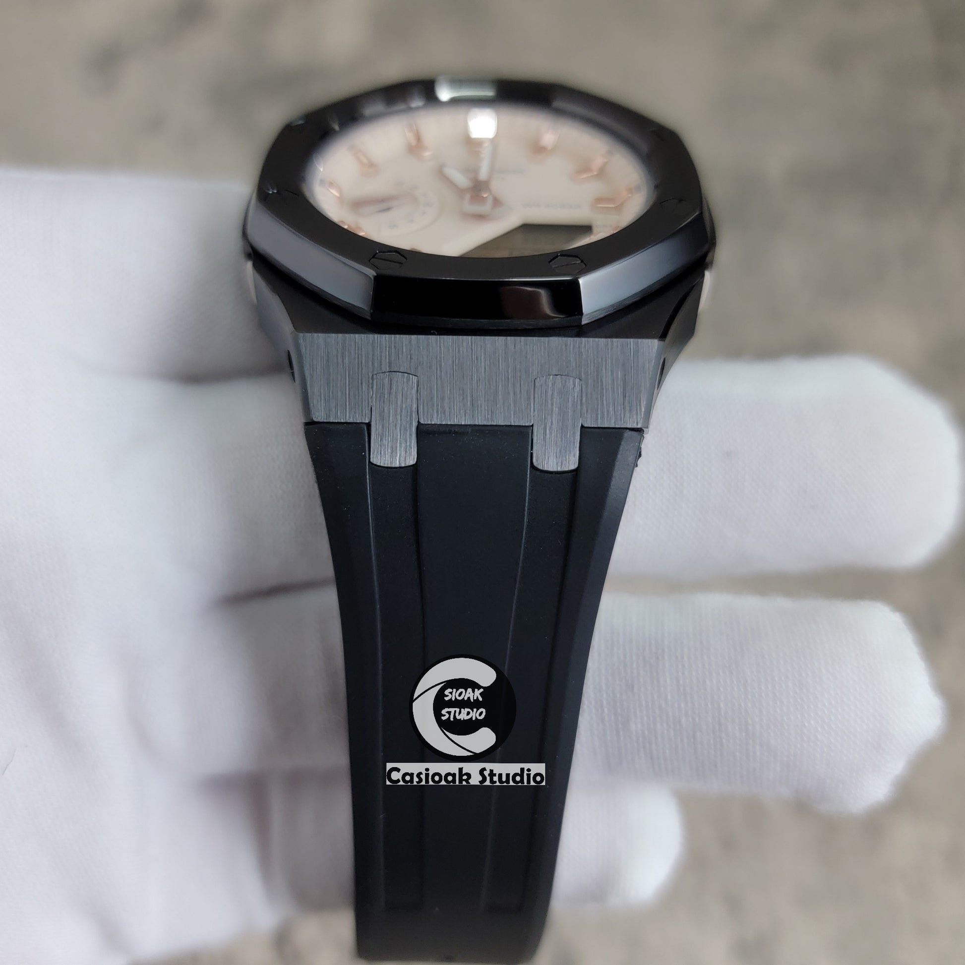 Casioak Mod Watch Gray Case White Rubber Strap Beige Rose Gold Time Mark Beige Dial 42mm - Casioak Studio