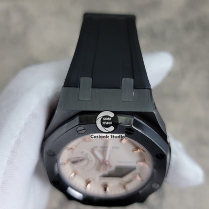 Casioak Mod Watch Gray Case White Rubber Strap Beige Rose Gold Time Mark Beige Dial 42mm - Casioak Studio