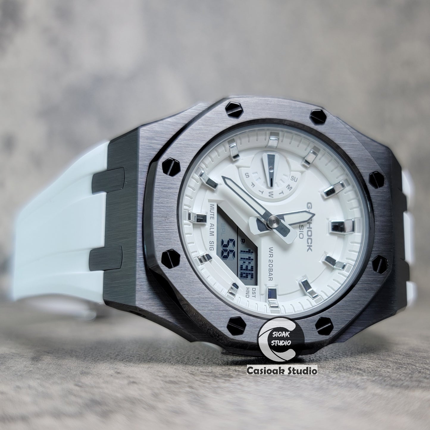 Casioak Mod Watch Gray Case White Rubber Strap White Time Mark White Dial 42mm - Casioak Studio