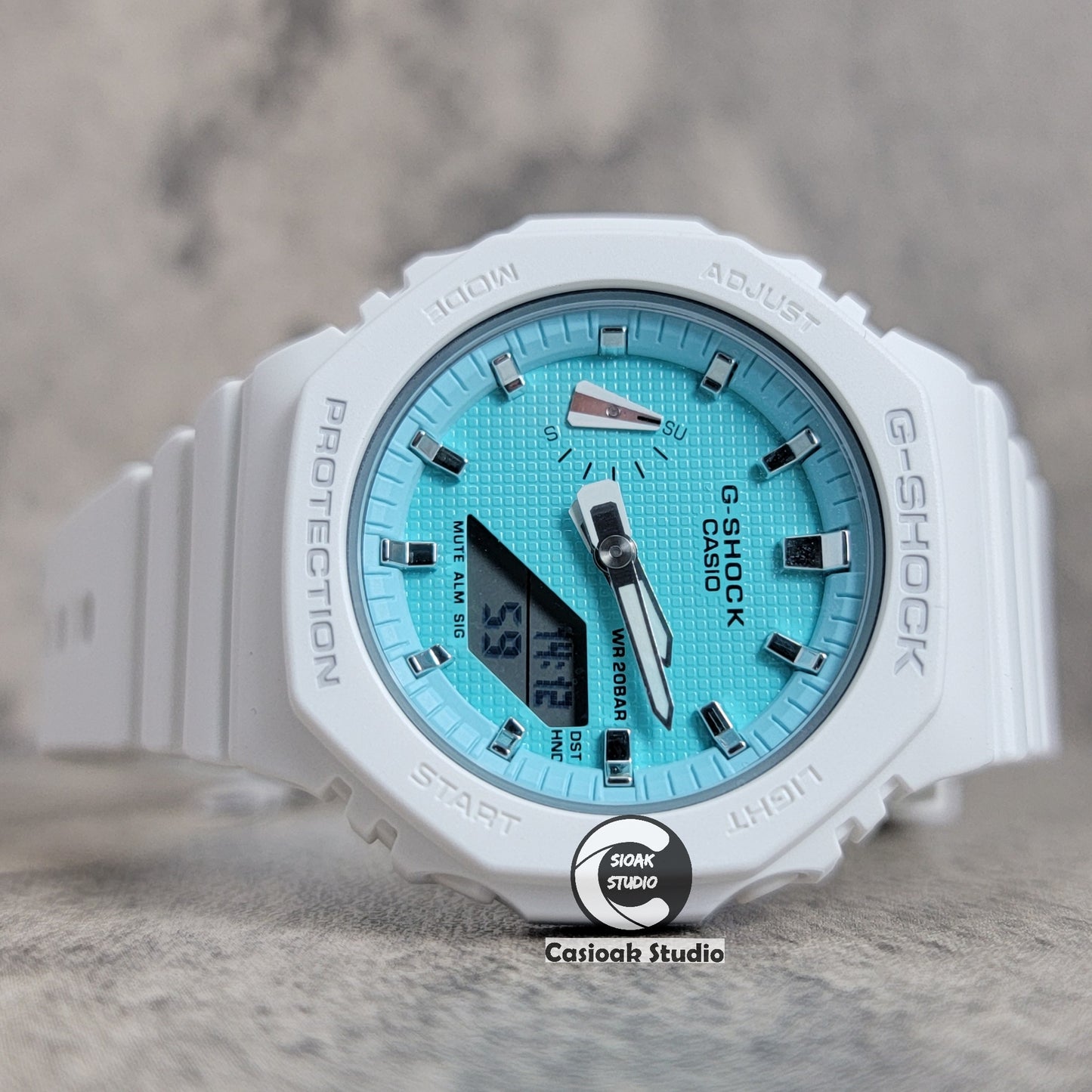 Casioak Mod Watch White Case Plastic Strap Tiffany Silver Time Mark Tiffany Blue Dial 42mm - Casioak Studio