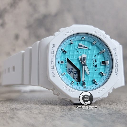 Casioak Mod Watch White Case Plastic Strap Tiffany Silver Time Mark Tiffany Blue Dial 42mm