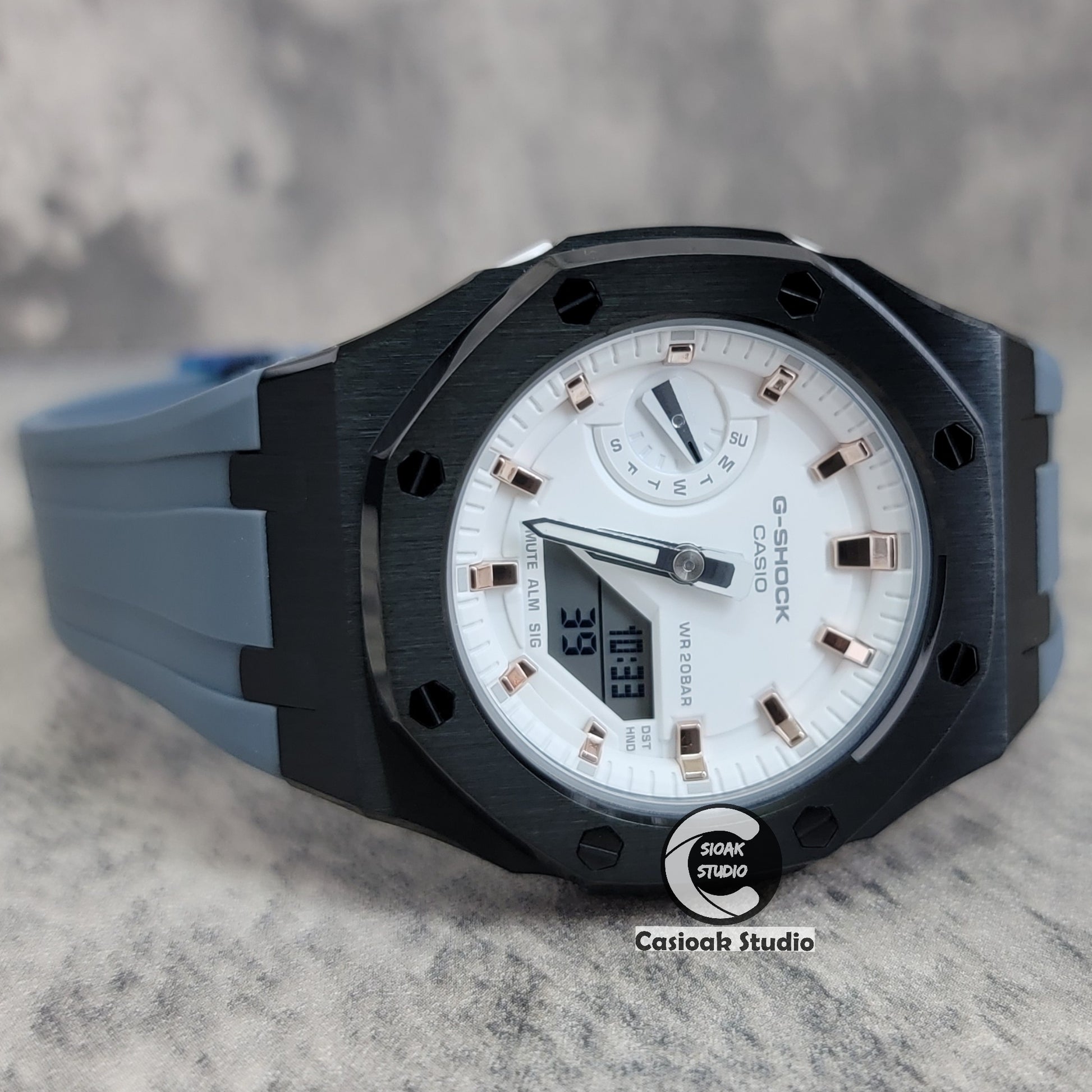 Casioak Mod Watch Black Case Gray Rubber Strap White Rose Gold Time Mark White Dial 42mm - Casioak Studio