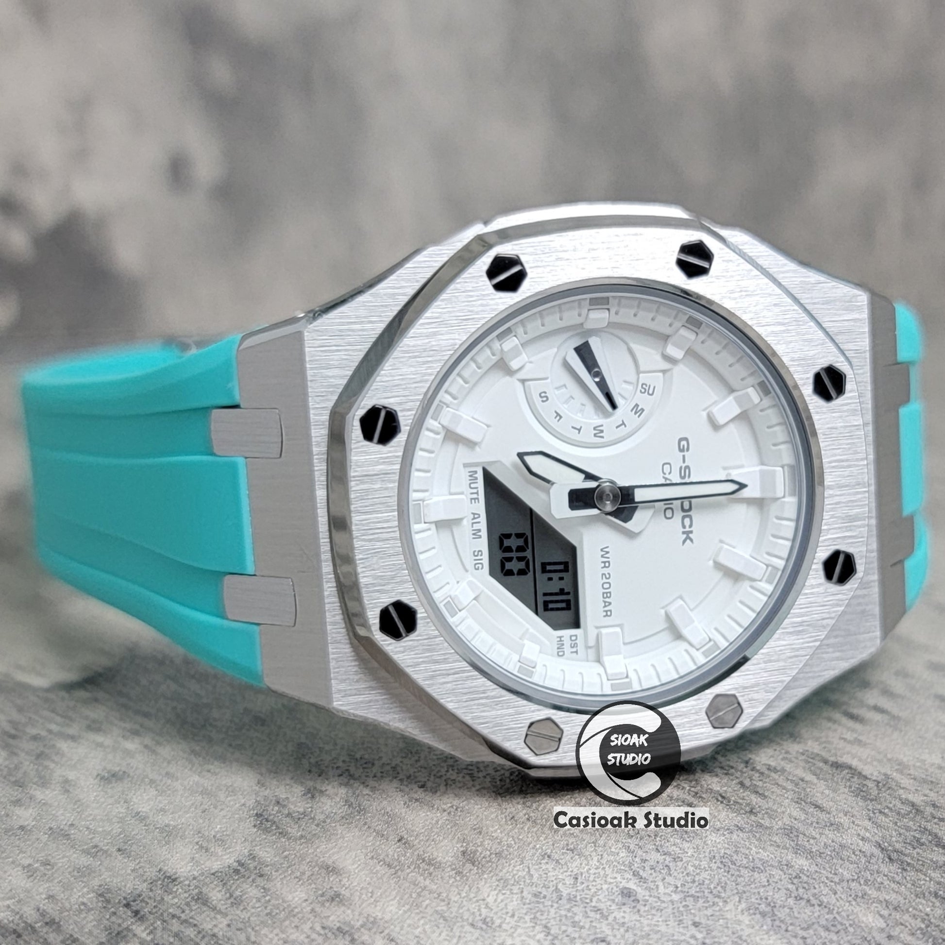 Casioak Mod Watch Silver Case Tiffany Rubber Strap White Time Mark White Dial 42mm - Casioak Studio