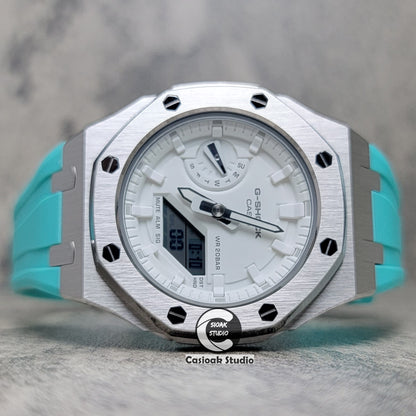 Casioak Mod Watch Silver Case Tiffany Rubber Strap White Time Mark White Dial 42mm - Casioak Studio