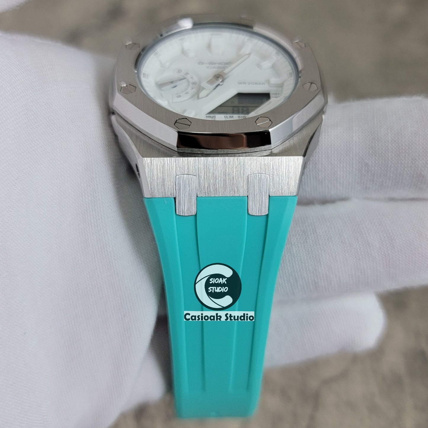 Casioak Mod Watch Silver Case Tiffany Rubber Strap White Time Mark White Dial 42mm - Casioak Studio