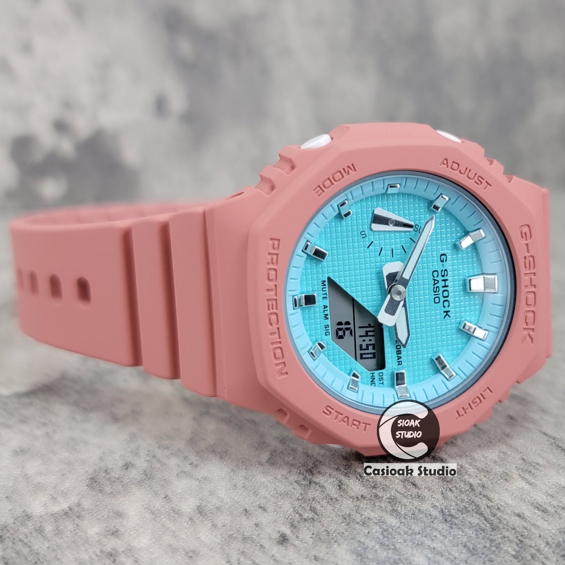 Casioak Mod Watch Pink Case Plastic Strap Tiffany Silver Time Mark Tiffany Blue Dial 42mm - Casioak Studio