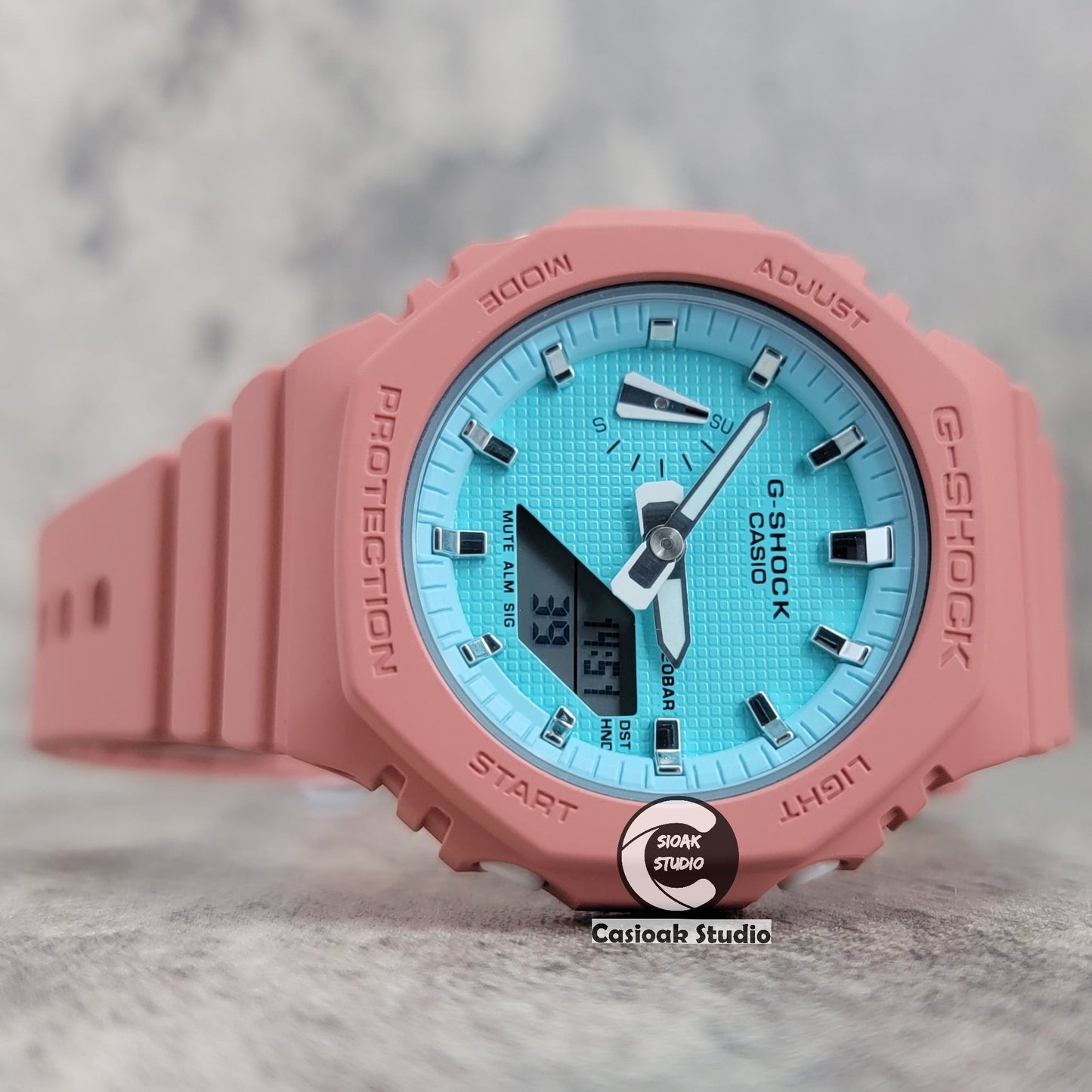 Casioak Mod Watch Pink Case Plastic Strap Tiffany Silver Time Mark Tiffany Blue Dial 42mm - Casioak Studio