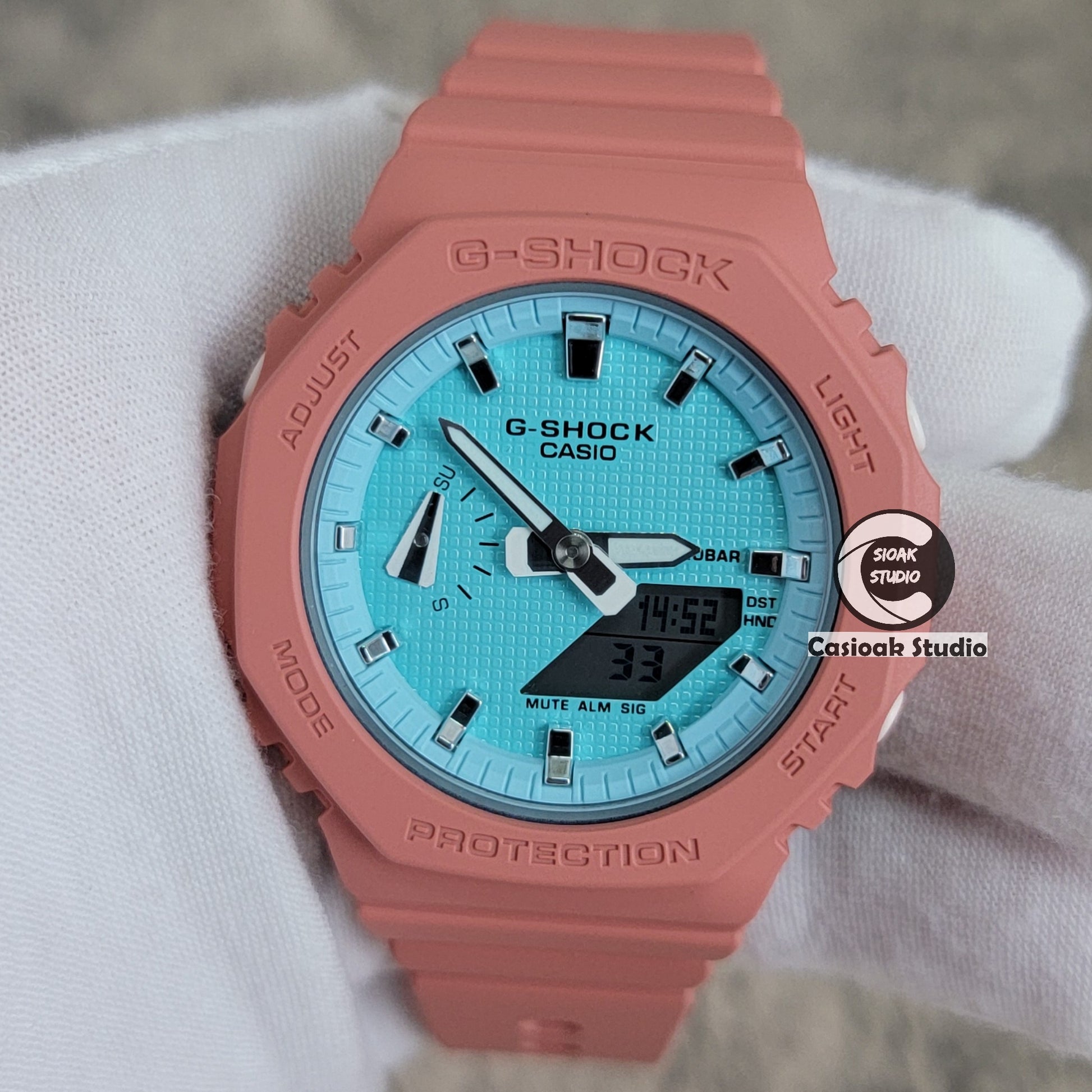 Casioak Mod Watch Pink Case Plastic Strap Tiffany Silver Time Mark Tiffany Blue Dial 42mm - Casioak Studio
