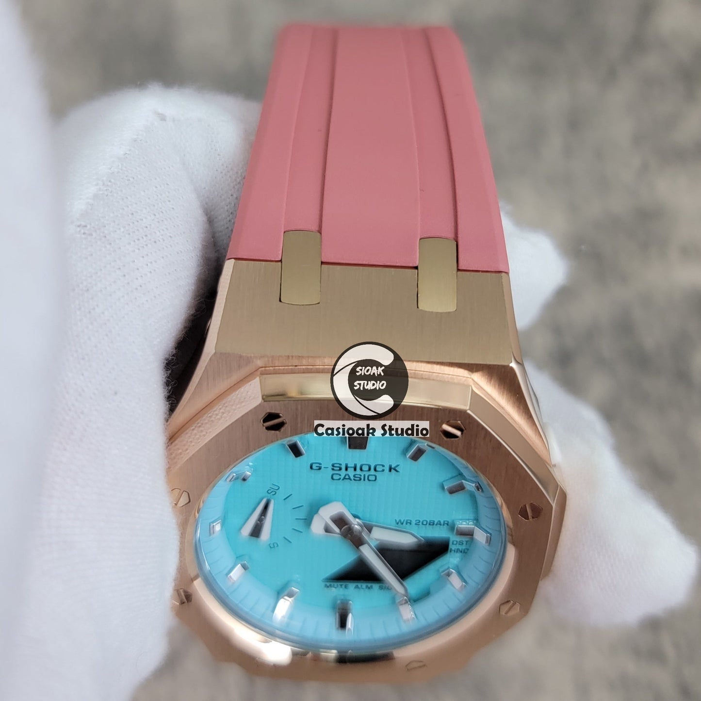 Casioak Mod Watch Rose Gold Case Pink Rubber Strap Tiffany Silver Time Mark Tiffany Blue Dial 42mm - Casioak Studio