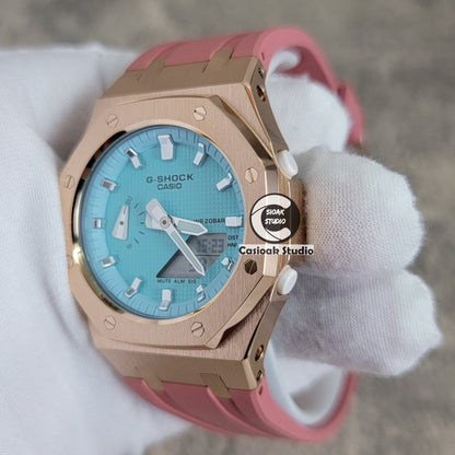 Casioak Mod Watch Rose Gold Case Pink Rubber Strap Tiffany Silver Time Mark Tiffany Blue Dial 42mm - Casioak Studio