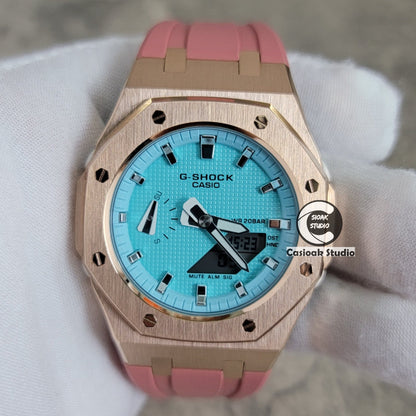 Casioak Mod Watch Rose Gold Case Pink Rubber Strap Tiffany Silver Time Mark Tiffany Blue Dial 42mm - Casioak Studio