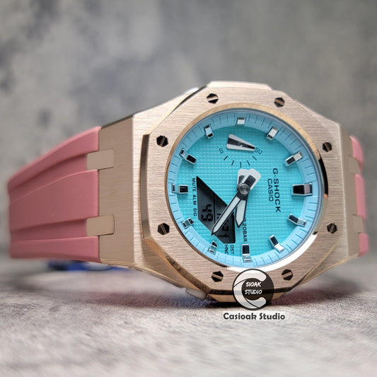 Casioak Mod Watch Rose Gold Case Pink Rubber Strap Tiffany Silver Time Mark Tiffany Blue Dial 42mm