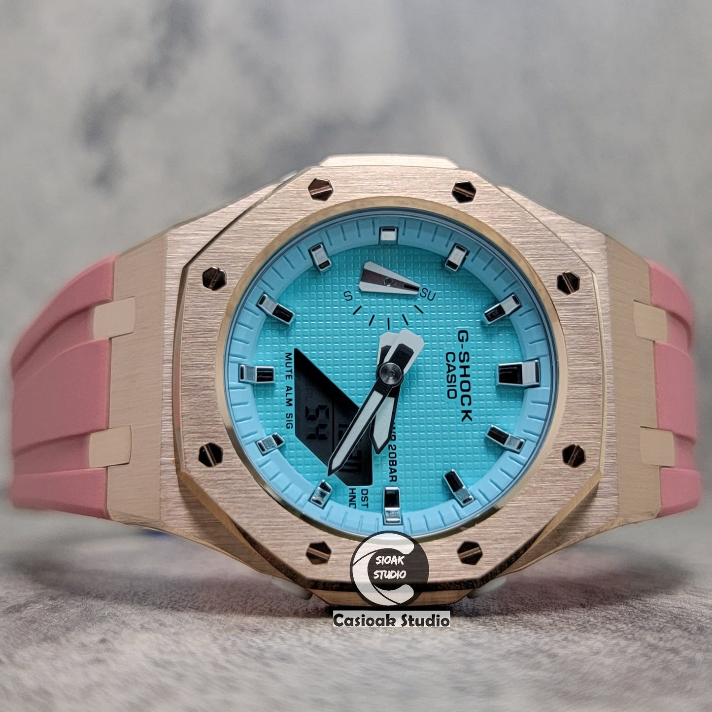 Casioak Mod Watch Rose Gold Case Pink Rubber Strap Tiffany Silver Time Mark Tiffany Blue Dial 42mm - Casioak Studio