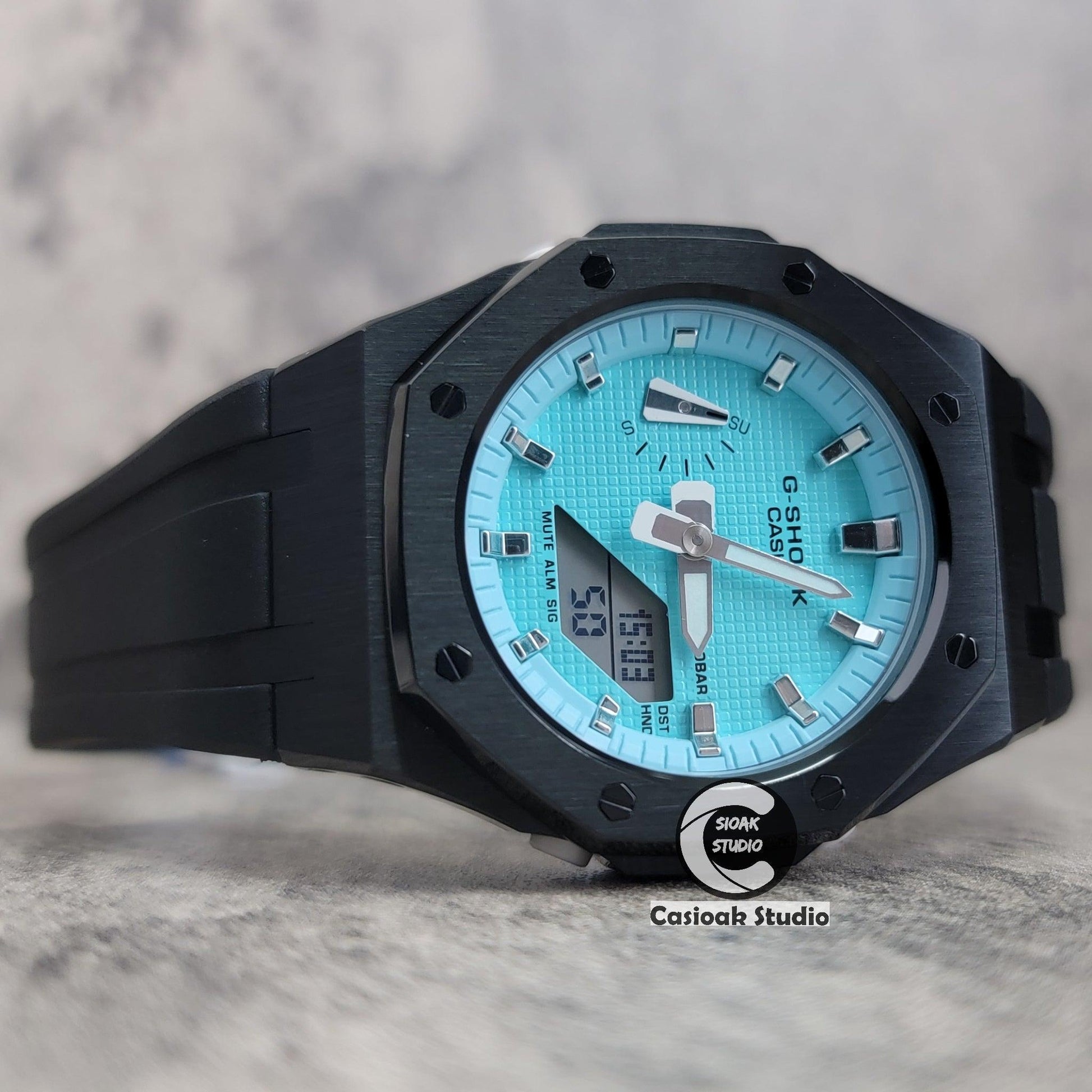 Casioak Mod Watch Black Case Black Rubber Strap Tiffany Silver Time Mark Tiffany Blue Dial 42mm - Casioak Studio