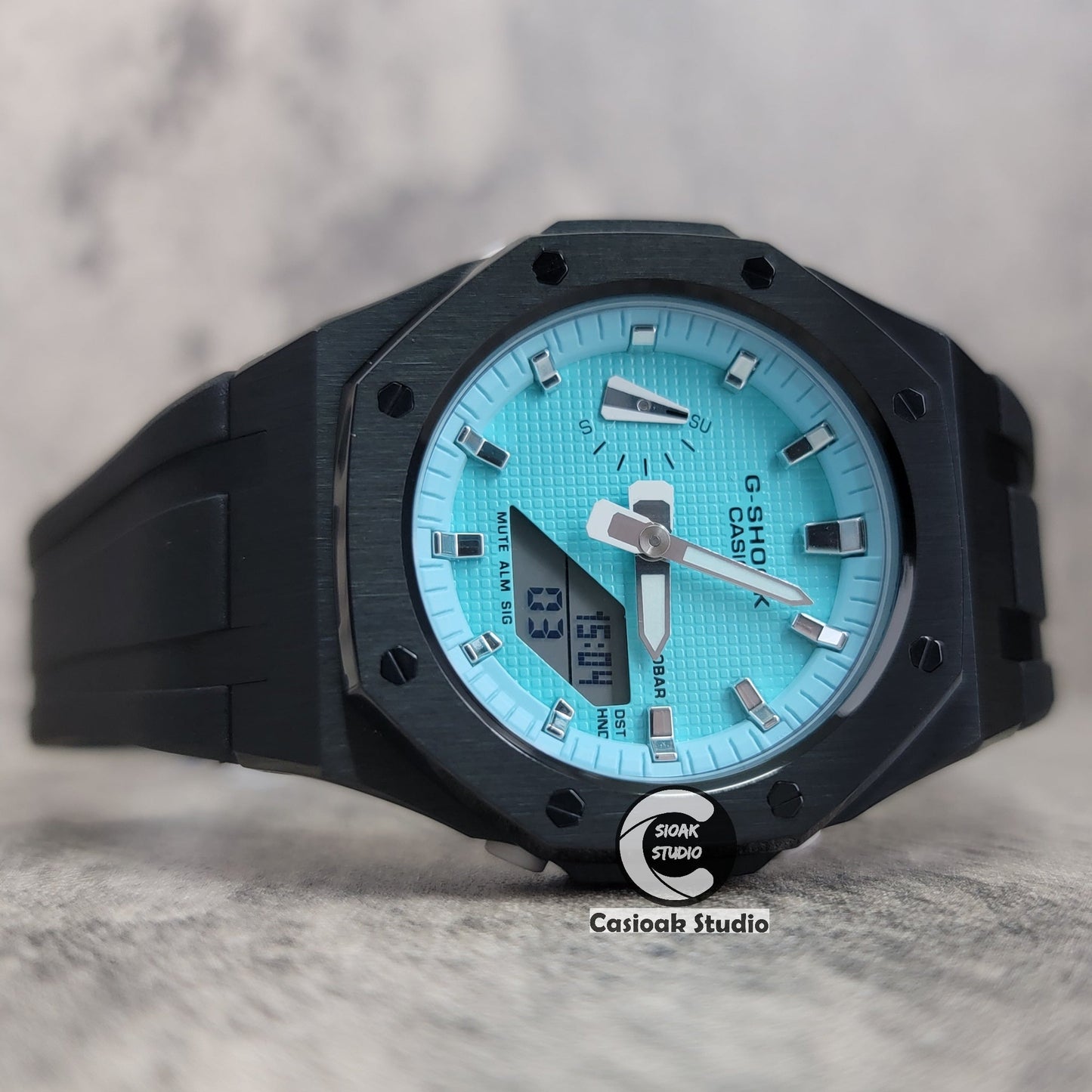 Casioak Mod Watch Black Case Black Rubber Strap Tiffany Silver Time Mark Tiffany Blue Dial 42mm - Casioak Studio