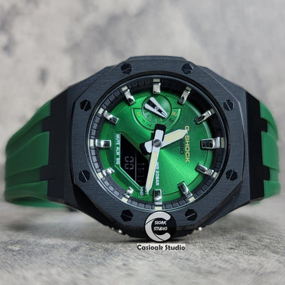 Casioak Mod Watch Black Case Green Rubber Strap Black Silver Time Mark Green Dial 44mm - Casioak Studio