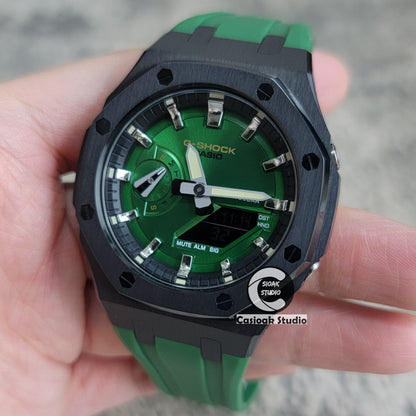 Casioak Mod Watch Black Case Green Rubber Strap Black Silver Time Mark Green Dial 44mm - Casioak Studio