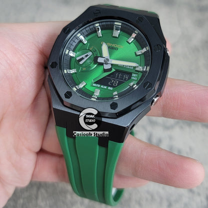 Casioak Mod Watch Black Case Green Rubber Strap Black Silver Time Mark Green Dial 44mm - Casioak Studio