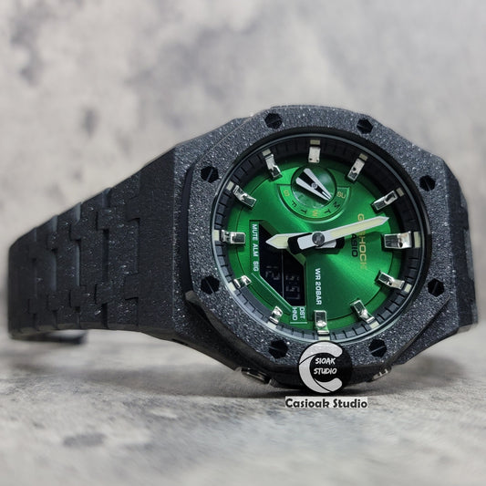 Casioak Mod Watch Frosted Black Case Metal Strap Black Silver Time Mark Green Dial 44mm