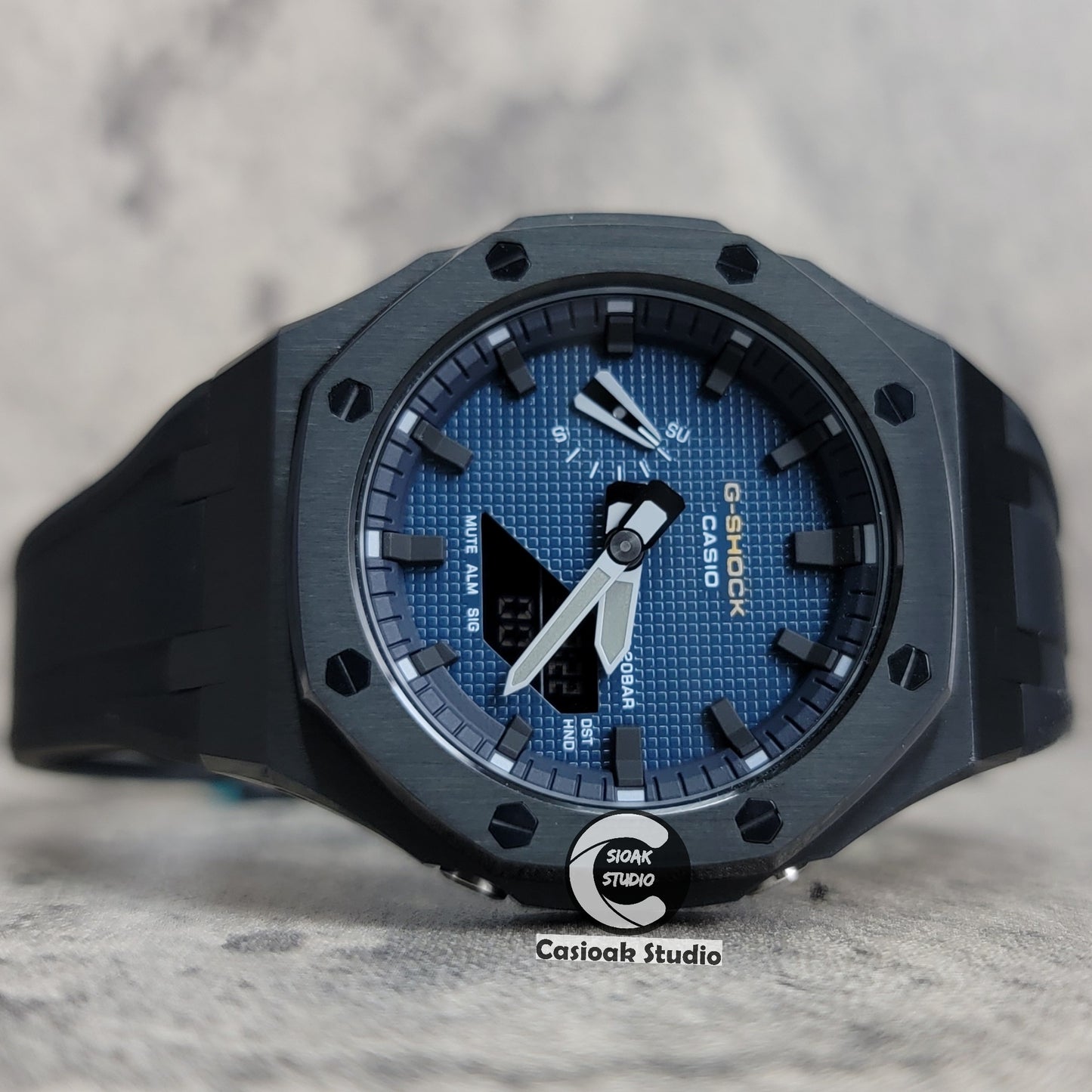 Casioak Mod Watch Black Case Black Strap Blue Black Time Mark Blue Waffle Dial 44mm - Casioak Studio