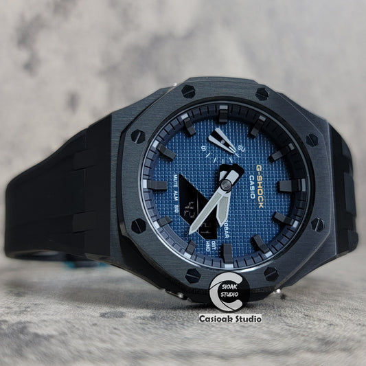 Casioak Mod Watch Black Case Black Strap Blue Black Time Mark Blue Waffle Dial 44mm - Casioak Studio