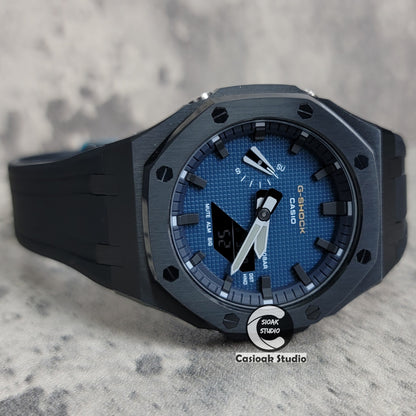 Casioak Mod Watch Black Case Black Strap Blue Black Time Mark Blue Waffle Dial 44mm - Casioak Studio