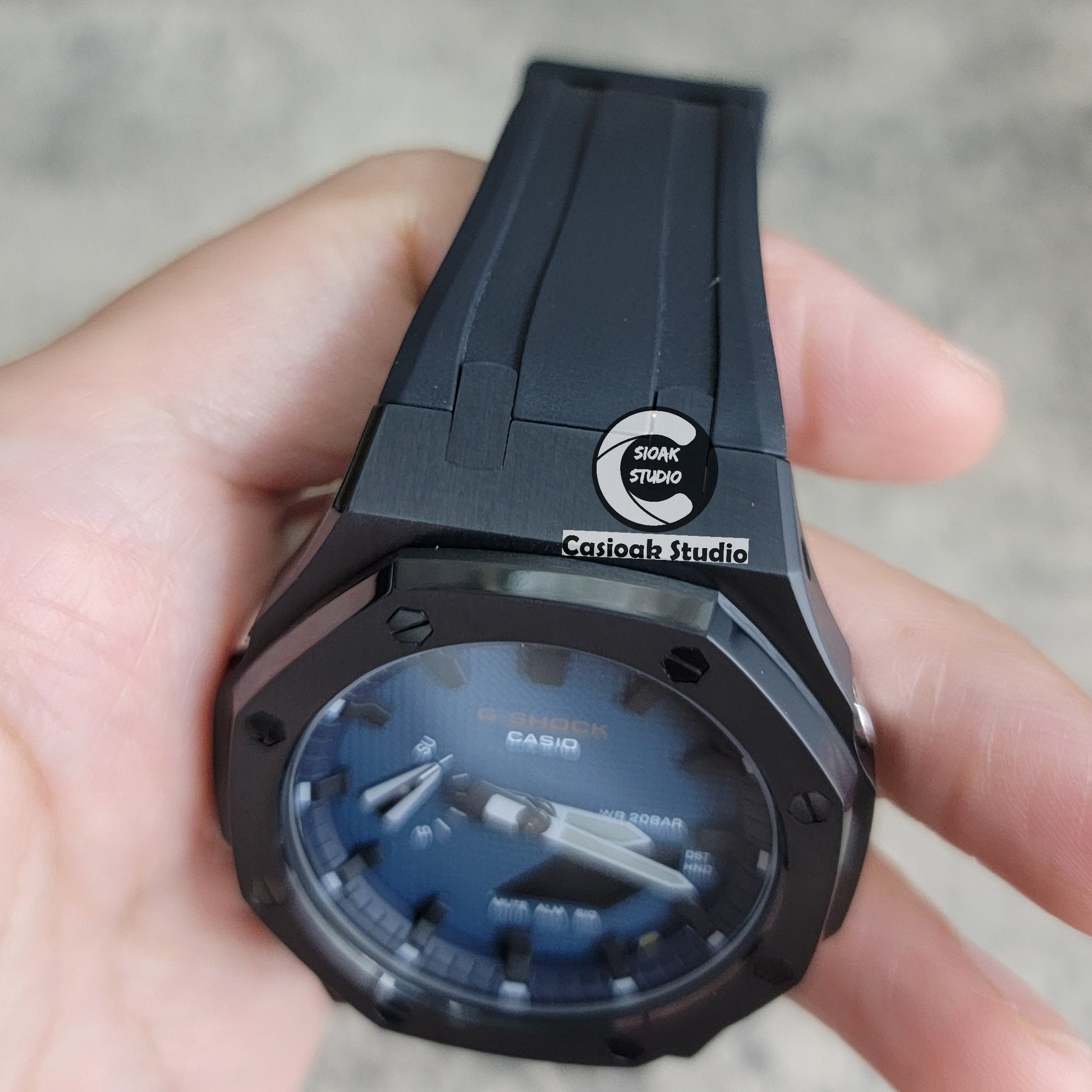 Casioak Mod Watch Black Case Black Strap Blue Black Time Mark Blue Waffle Dial 44mm - Casioak Studio