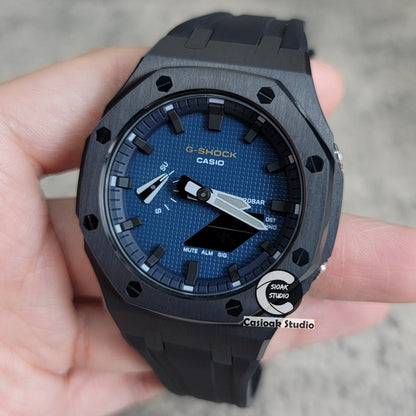 Casioak Mod Watch Black Case Black Strap Blue Black Time Mark Blue Waffle Dial 44mm - Casioak Studio