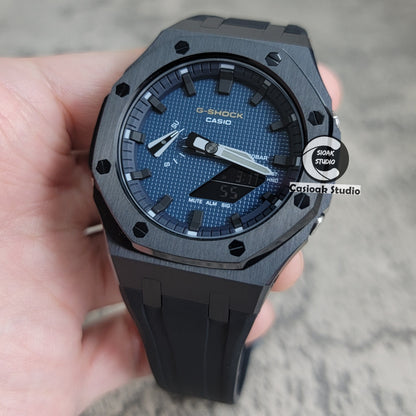 Casioak Mod Watch Black Case Black Strap Blue Black Time Mark Blue Waffle Dial 44mm - Casioak Studio