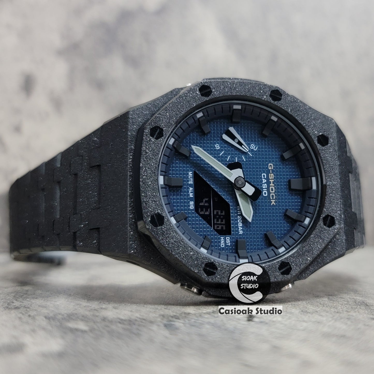 Casioak Mod Watch Frosted Black Case Metal Strap Blue Black Time Mark Blue Waffle Dial 44mm - Casioak Studio