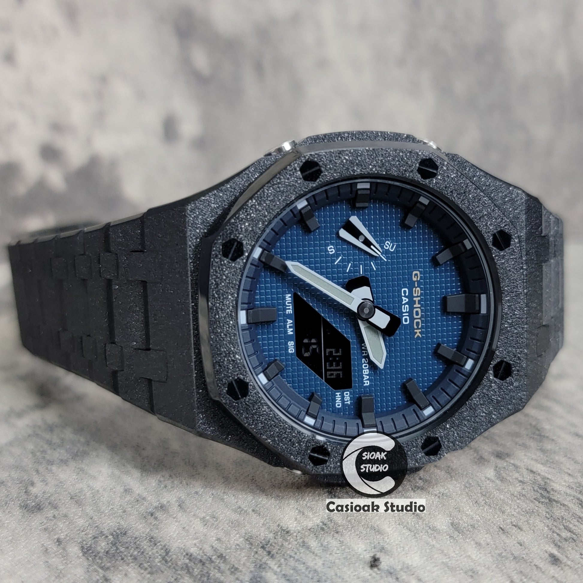 Casioak Mod Watch Frosted Black Case Metal Strap Blue Black Time Mark Blue Waffle Dial 44mm - Casioak Studio