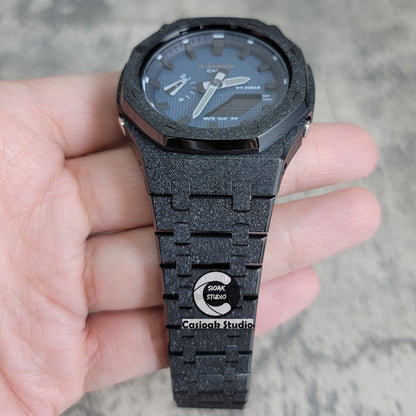 Casioak Mod Watch Frosted Black Case Metal Strap Blue Black Time Mark Blue Waffle Dial 44mm - Casioak Studio