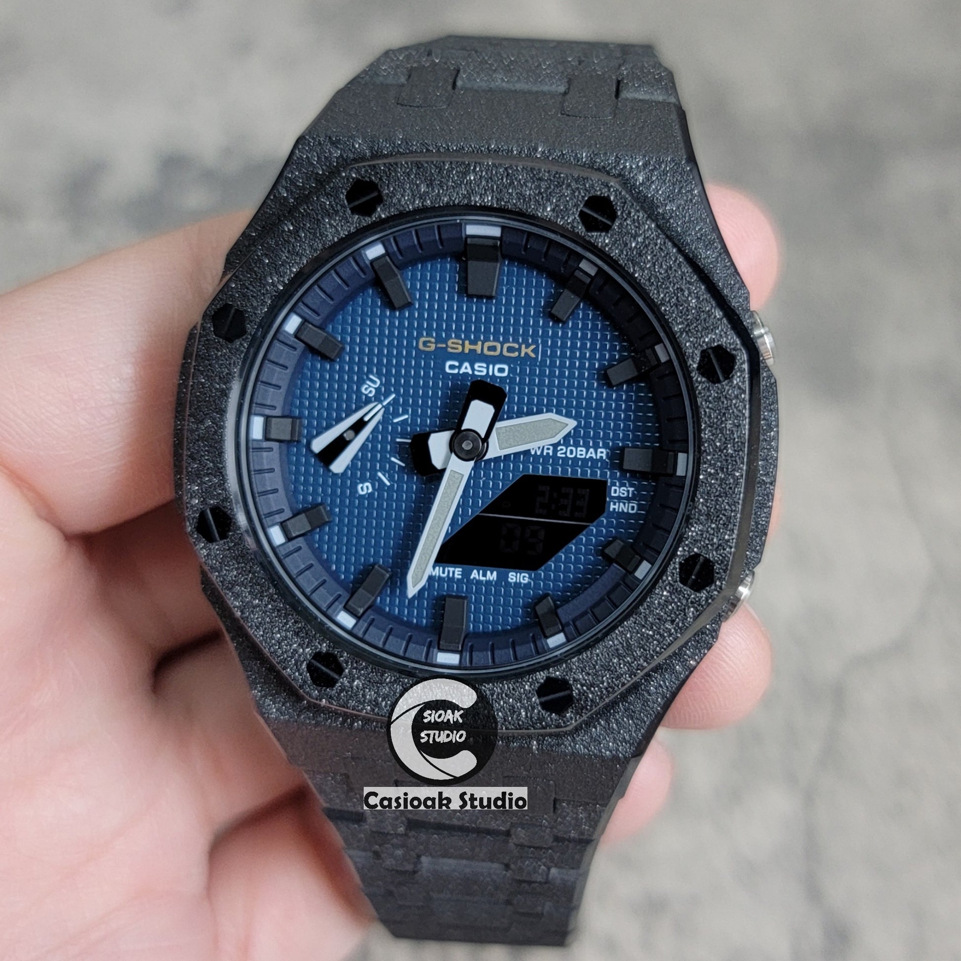 Casioak Mod Watch Frosted Black Case Metal Strap Blue Black Time Mark Blue Waffle Dial 44mm - Casioak Studio